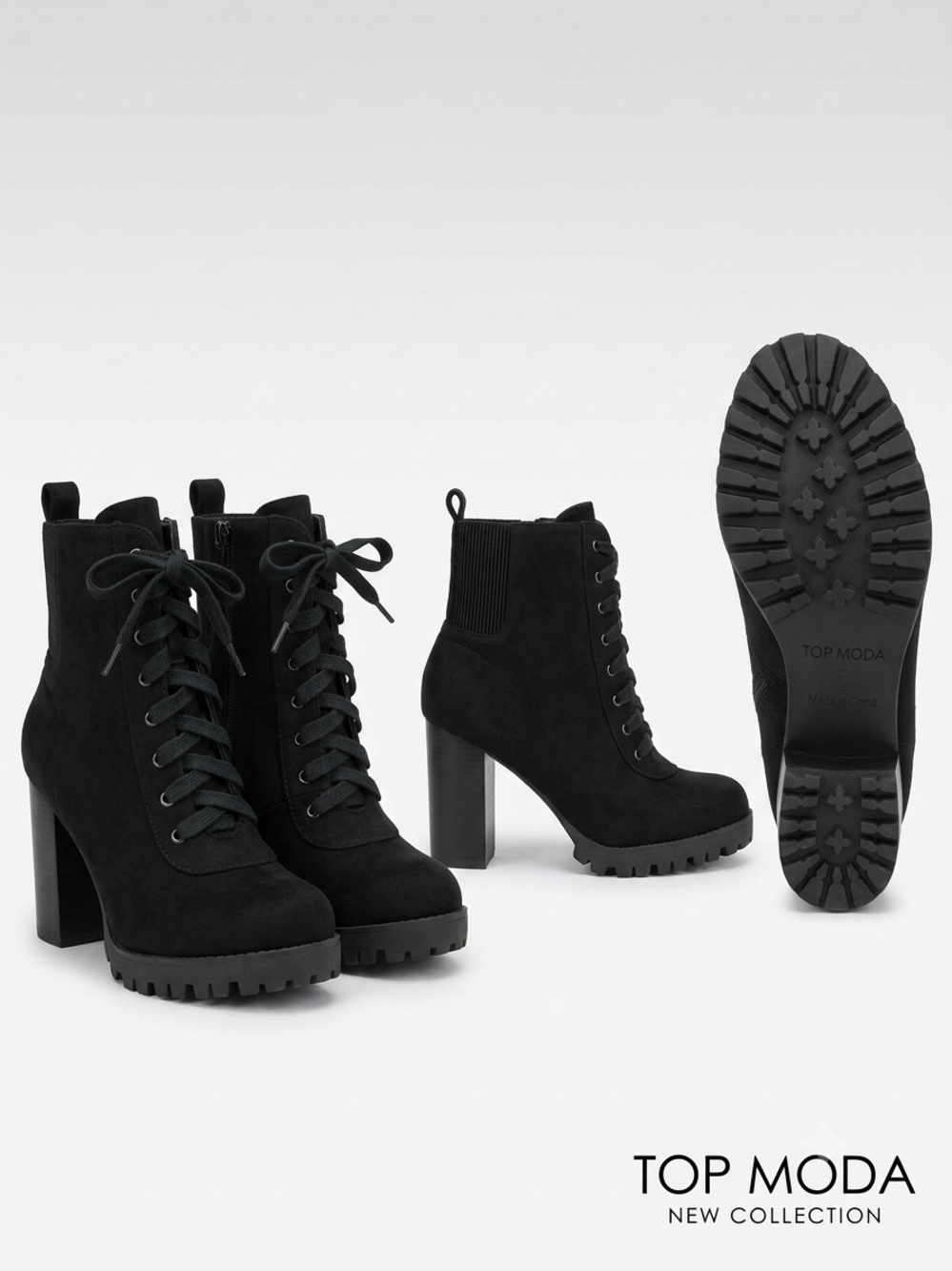 TOP Moda Black Lace-Up Chunky Heel Ankle Boots